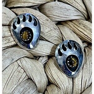 Vintage Navajo Sterling Silver Tiger’s Eye Bear Paw Claw Earrings Cowgirl Boho